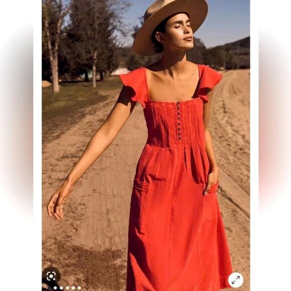 Pilcro Anthropologie Coral Flutter sleeve Linen blend Midi Dress w/pockets XS - Picture 1 of 11